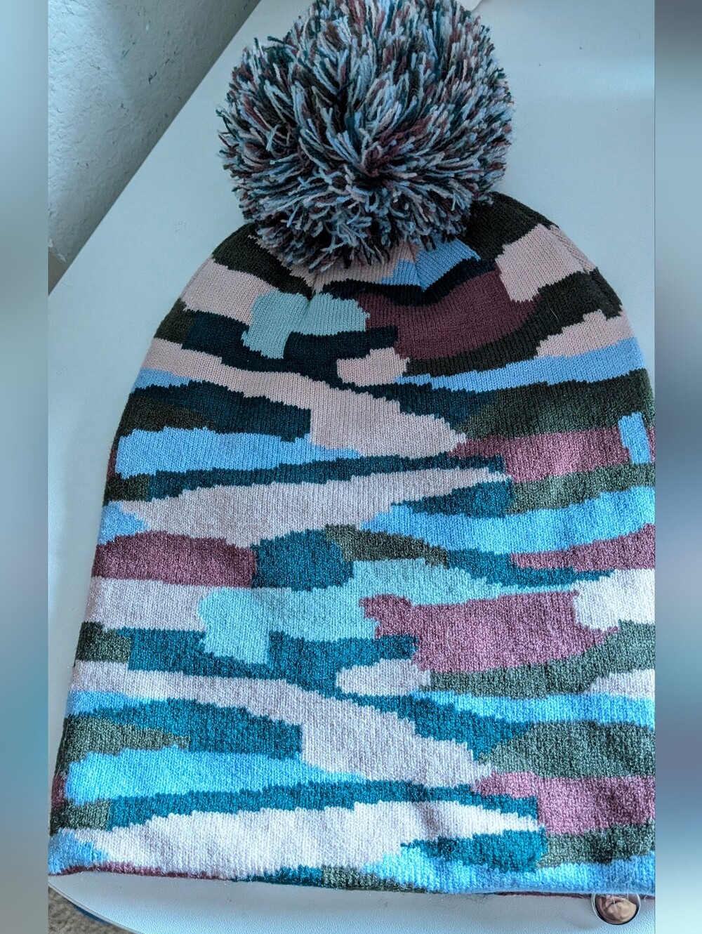Express Yarn Pom Pom Beanie Cozy Double Layer Knit Camo Pattern Cottagecore Chic